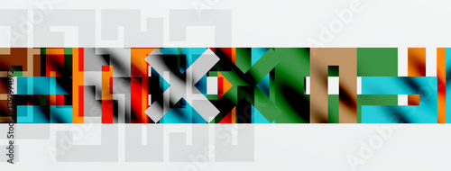 Abstract geometric composition. Rectangles, squares, lines create dynamic visual texture. Colors blend, overlap, forming complex pattern.