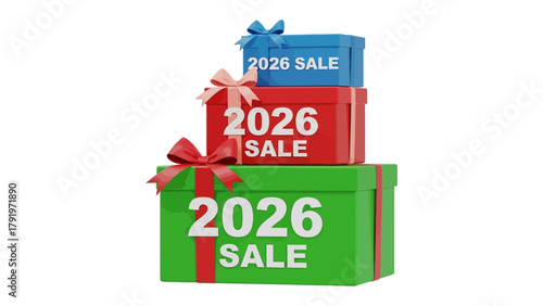 Stacked Gift Boxes for 2026 Sale: Vibrant gift boxes, each adorned with a graceful ribbon, tower upward, displaying the year and SALE, capturing the spirit of future promotions.