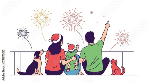 Celebration under Fireworks: A family, framed from behind, gathers to enjoy the vibrant fireworks display, accompanied by their cherished pets in a moment of shared joy. 