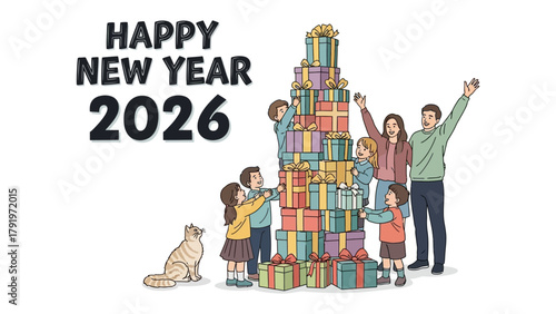 Family Joy for the New Year: A harmonious family comes together, celebrating the arrival of the New Year, building a tower of gifts as a symbol of unity and hope. 