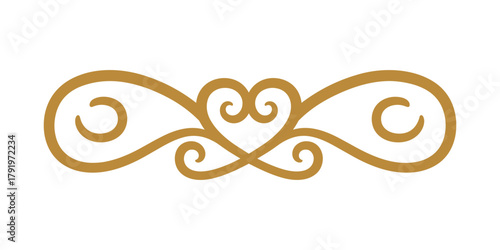 Gold calligraphic border with heart shape ornament. Elegant divider scroll for page decoration.