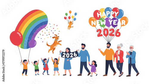 New Year 2026 Celebration: A lively scene unfolds as diverse family and friends gather to welcome the New Year 2026, surrounded by colorful balloons.