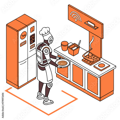 A futuristic robot chef is preparing a meal in a modern kitchen, showcasing culinary automation