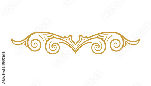 Gold scroll separator ornate decor element, elegant flourished divider, decorative ornament.