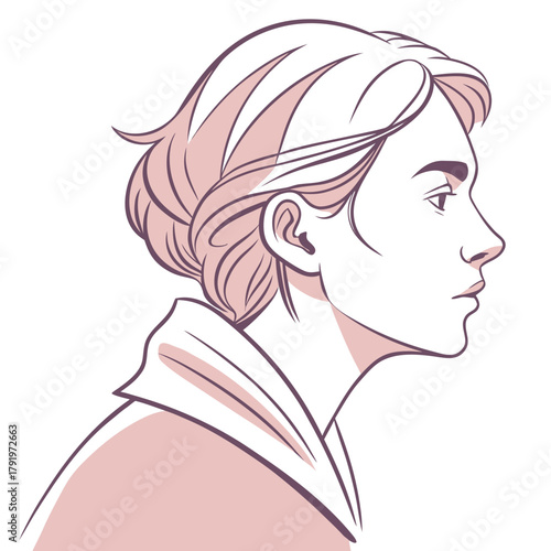 A womans profile with short hair and a determined expression