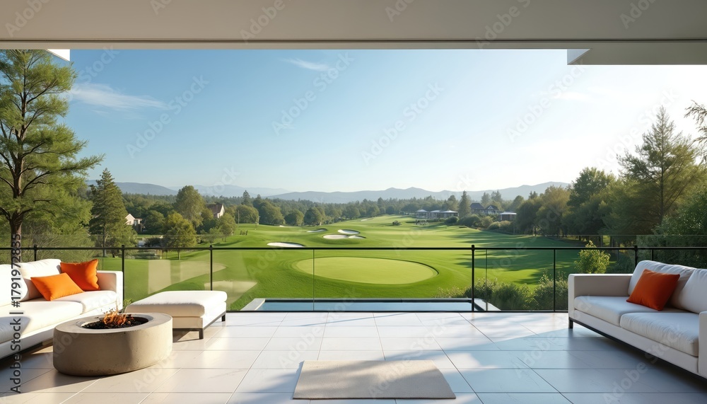 Naklejka premium Luxurious outdoor patio design overlooking golf course landscape. White couches orange pillows and fire pit create comfortable lounge area. Nature view background provides relaxation and modern style.
