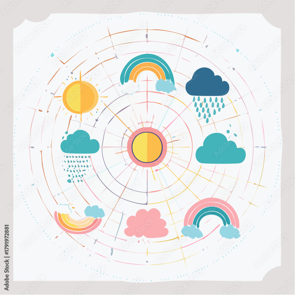 Naklejka premium Weather Forecast Colorful Graphic of Sun, Rainbows and Clouds