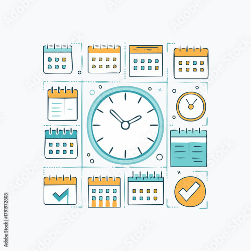 Creative vector icon set for time management, featuring a central clock surrounded by calendars for planning and deadlines