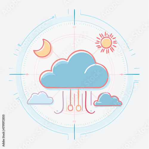 Abstract representation of cloud computing with digital data flowing down from the main cloud in a stylized scientific diagram