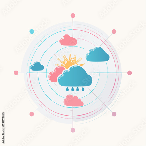 Weather Forecast Icons Sun, Clouds, Rain, and Forecast Radar with Concentric Circles and Data Points