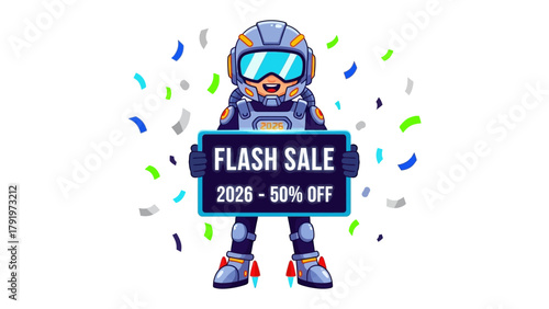 Flash Sale in Space: An astronaut is promoting a flash sale using a sign. Colorful confetti adds an extra dimension of energy
