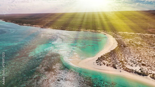 Aerial view of Turquoise Bay beach in Exmouth, Western Australia with clear blue waters