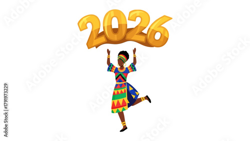 New Year Celebration 2026: An African girl joyfully presents the new year 2026, celebrating cultural richness, heritage, and future possibilities.