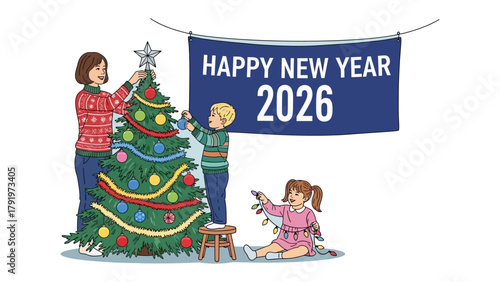 Happy New Year 2026: A warm family gathering, decorating a tree, celebrating the joy of New Year's, and anticipating new beginnings with hope.
