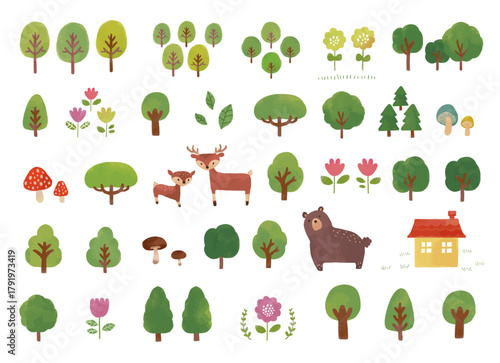 水彩画風の草木とどうぶつ素材 