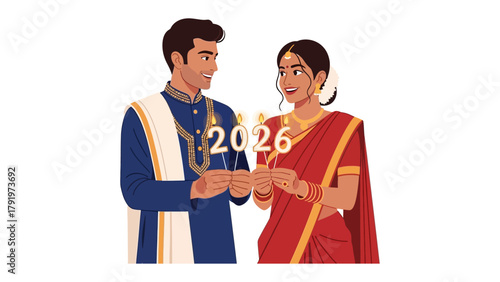 2026: A couple in traditional attire celebrates their future with the promise of 2026. This vibrant image captures a moment of anticipation and joy, with rich colors and intricate details.