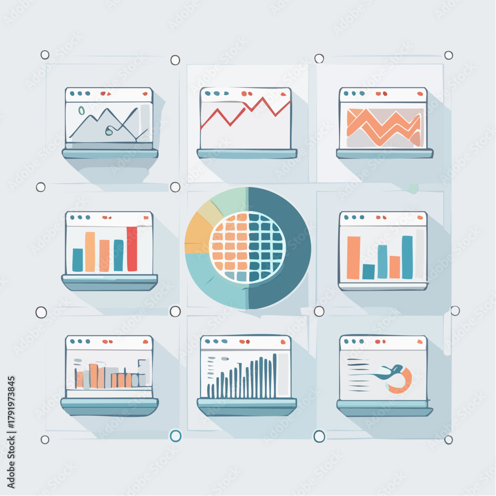 Obraz premium Diverse Digital Charts and Graphs Displayed on Computer Screens A Comprehensive Data Analysis Illustration