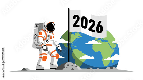 Astronaut's 2026 Exploration: An astronaut plants a flag on a planet Earth with the year 2026 written on the flag. This illustration depicts the future of exploration. 