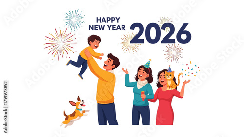 New Year's Celebration 2026: A vibrant and heartwarming illustration celebrates the dawn of the new year with a happy family, fireworks, and confetti, promising joy and togetherness.