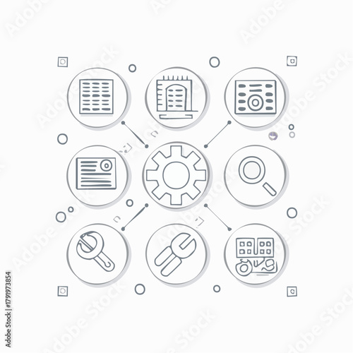 System Operations Icons Tools for Analysis and Management, Featuring Settings and Search