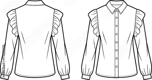 Women ruffle sleeve shirt flat fashion vector, long sleeve blouse CAD drawing, elegant button up top technical illustration