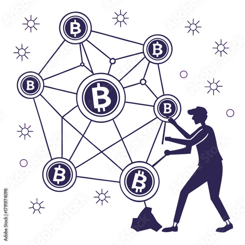 Bitcoin network illustration with a person cleaning up, symbolizing cryptocurrency management