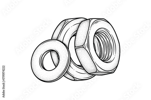 Hand drawn illustration of bolt washers and nuts in dotwork style. industrial components
