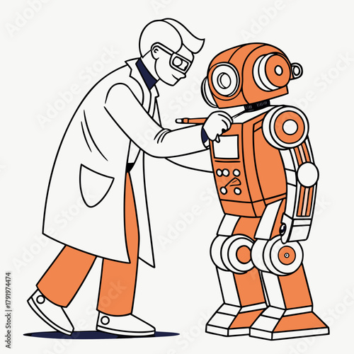 Illustration of a scientist interacting with a robot