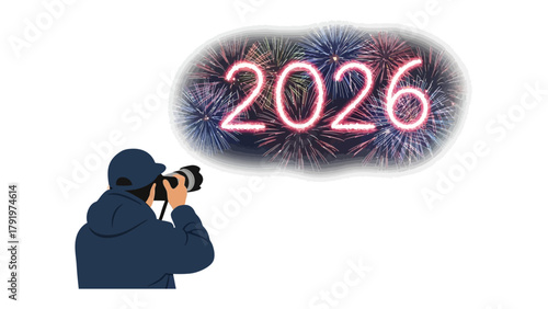 New Year's Eve Celebration: Capturing the vibrancy of the future with a photographer framing the year 2026 amid a vivid fireworks display. A testament to anticipation and the excitement that awaits.