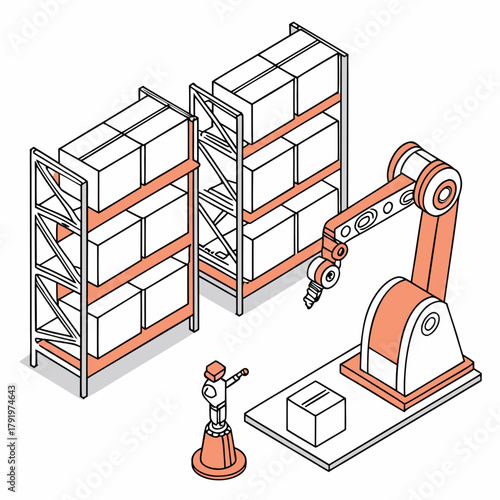 Isometric illustration of a robotic arm in a warehouse