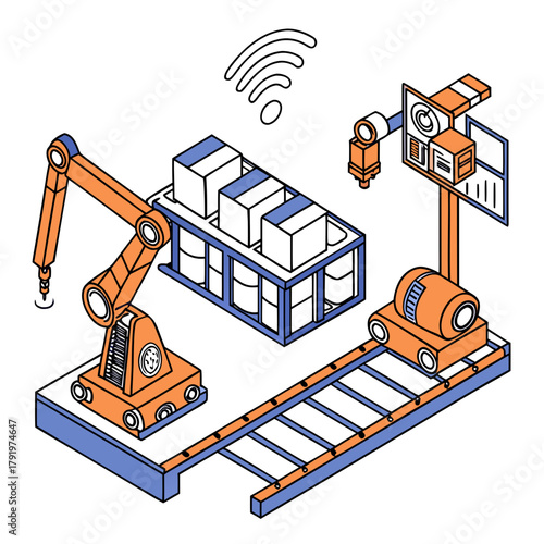 Isometric illustration of a smart factory with robotic arms and conveyor belt