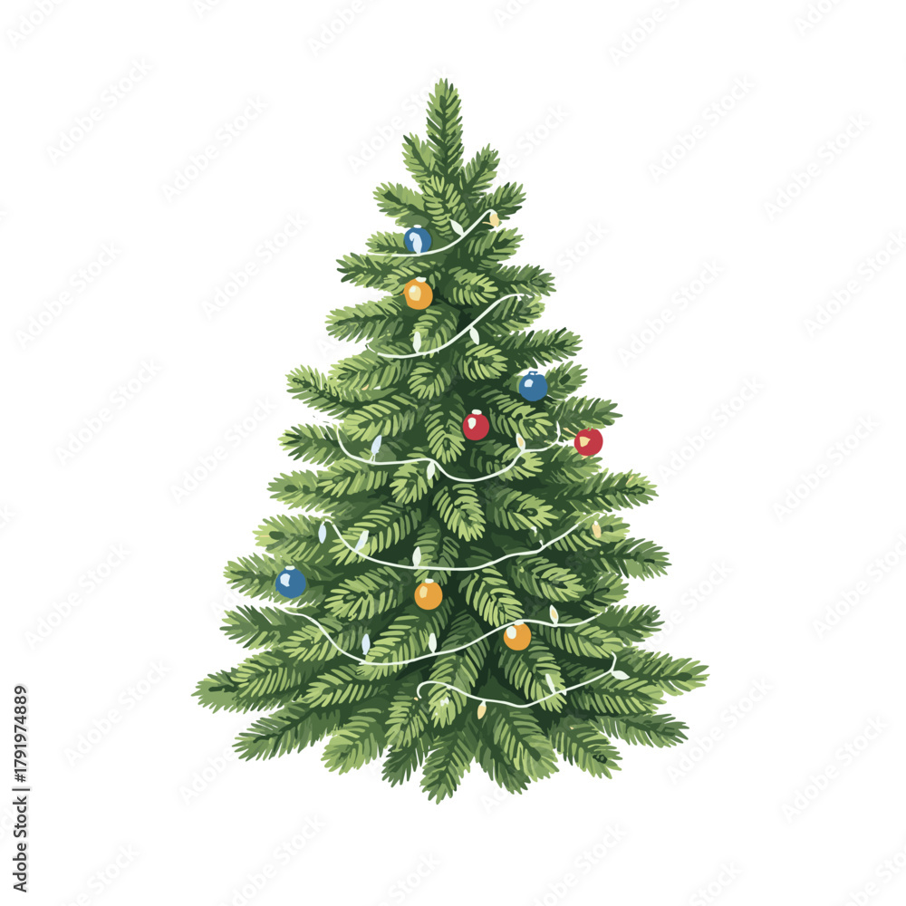 Fototapeta premium Watercolor Christmas Tree Illustration with Festive Ornaments and Twinkling Lights on transparent background, Ideal for Holiday Season Designs
