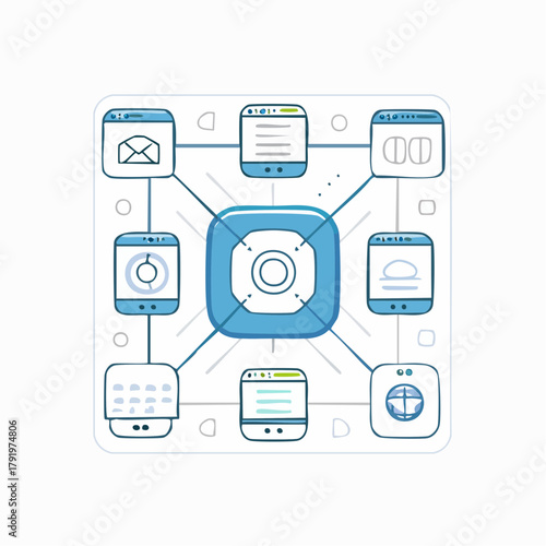 Dynamic digital ecosystem illustration showcasing interconnected devices and platforms facilitating seamless data exchange and centralized network management