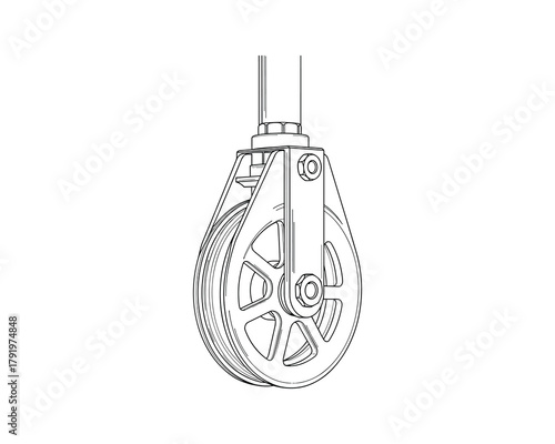 Mechanical pulley, hoist wheel, rope block, and engineering equipment outline illustration.