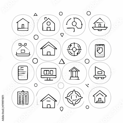Outline icon pack illustrating various real estate and property concepts, including homes, apartments, finance, security, and online search