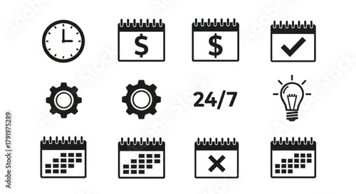 Black minimalist business icons featuring calendars, clocks, gears, money symbols, ideas, and schedules for productivity, planning, management, operations workflow.