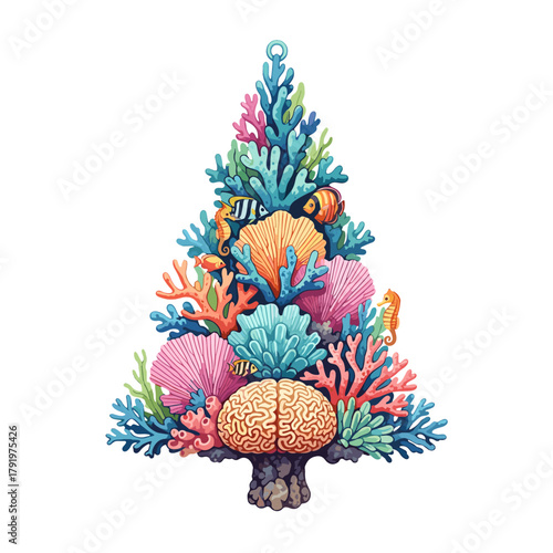 Festive aquatic Christmas tree composed of colorful coral reefs, exotic fish, and decorative seashells, symbolizing ocean holidays.