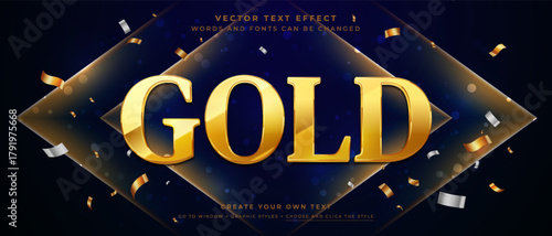 Gold 3D text effect with confetti and a blue background