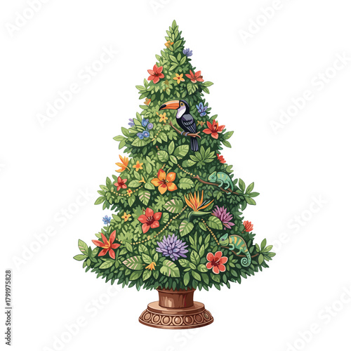 Whimsical tropical Christmas tree illustration featuring a toucan, chameleons, and vibrant exotic flowers in a decorative pot, perfect for holiday designs.