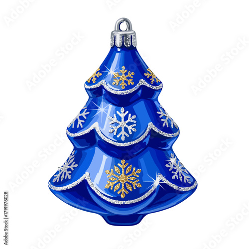 Shiny blue glass Christmas tree ornament adorned with sparkling silver and gold snowflake patterns, festive holiday decoration for winter celebrations