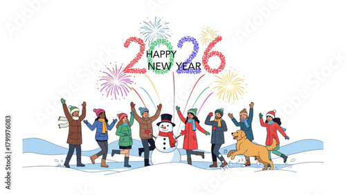 New Year's Eve Celebrations: A joyous gathering heralds the arrival of the New Year, with colorful fireworks illuminating the sky above a jubilant crowd and a snowman