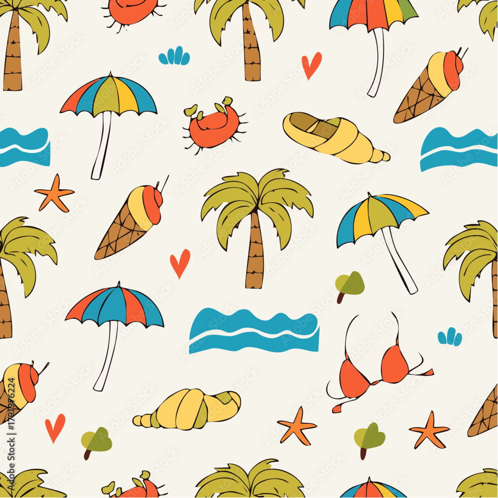 Naklejka premium Seamless Summer Beach Vacation Doodle Pattern.