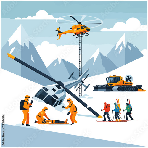 Mountain rescue team evacuating an injured person after a helicopter crash in a snowy alpine landscape with skiers watching.