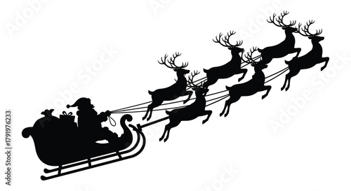 Silhouette of santa claus riding in his sleigh pulled by a team of reindeer across a white background