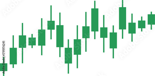 Green candlestick chart showing a bullish upward trend in the stock market on a white background.