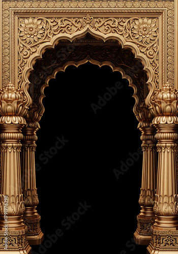 Ornate Golden Archway with Intricate Carvings and Lotus Motifs graphic design isolated on a transparent background