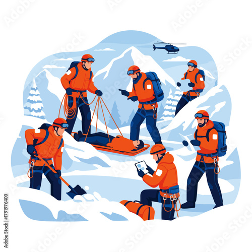 Mountain rescue team performing an emergency operation in a snowy, icy landscape with a helicopter overhead.
