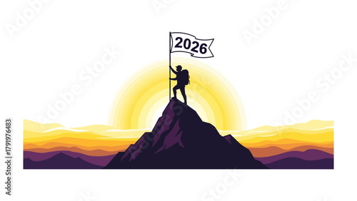 Reaching the Pinnacle of the Summit in 2026: An individual triumphs at the peak of a mountain, hoisting a flag marking the year 2026, against the backdrop of a radiant dawn.