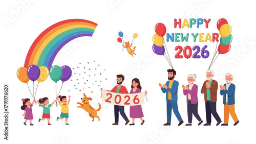 New Year's Celebration 2026: A vibrant and colorful illustration captures the spirit of New Year's, with families and children joyfully celebrating the upcoming year.
