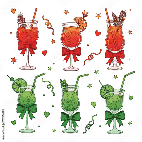 Christmas Cocktail Party Set – Vector New Year Holiday Alcohol Drinks Illustration in Doodle Style, Hand-Drawn Whimsical Celebration Beverages and Wineglass for Festive Bar Menu Design.